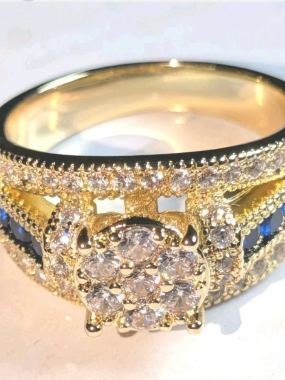 Classic Gold-Plated Blue Lab Created Sapphire Cluster Ring - Women Jewelry Sz 10